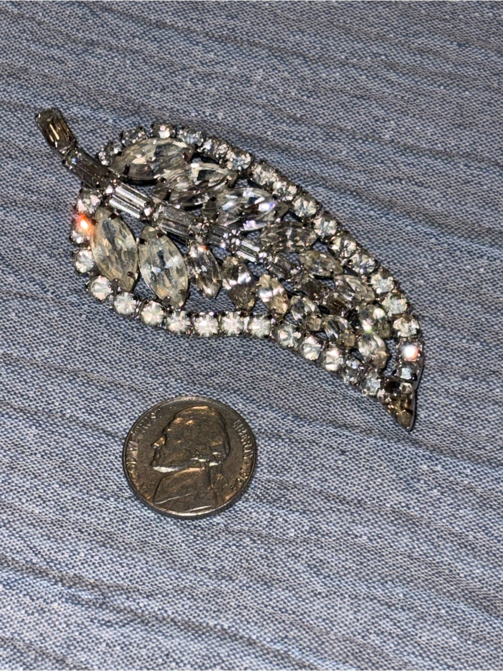 Crystal Leaf Brooch - Silver-Tone Clear Rhinestones